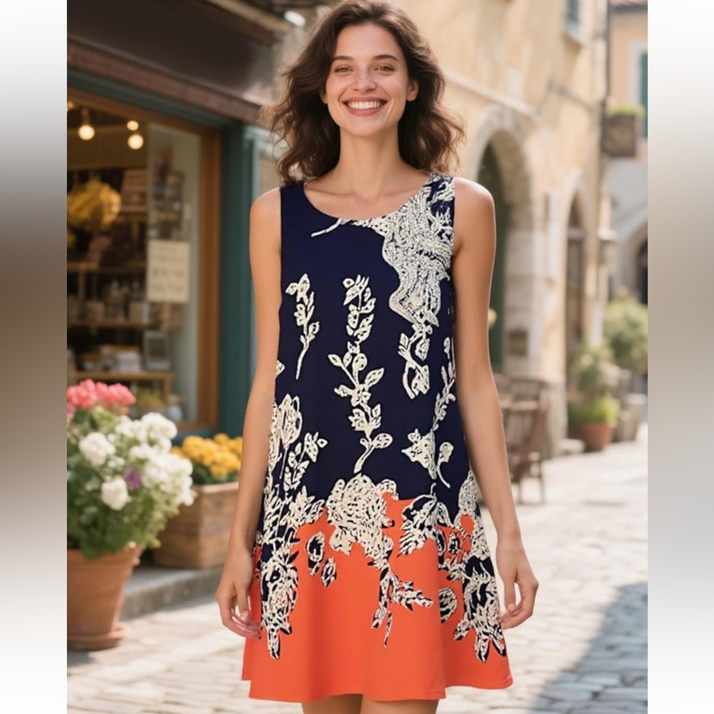 Navy and Orange Floral Dress - XXL - Picture 2 of 5